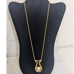 Monet signed Lyre Rain drop gold tone pearl long chain necklace VTG statement